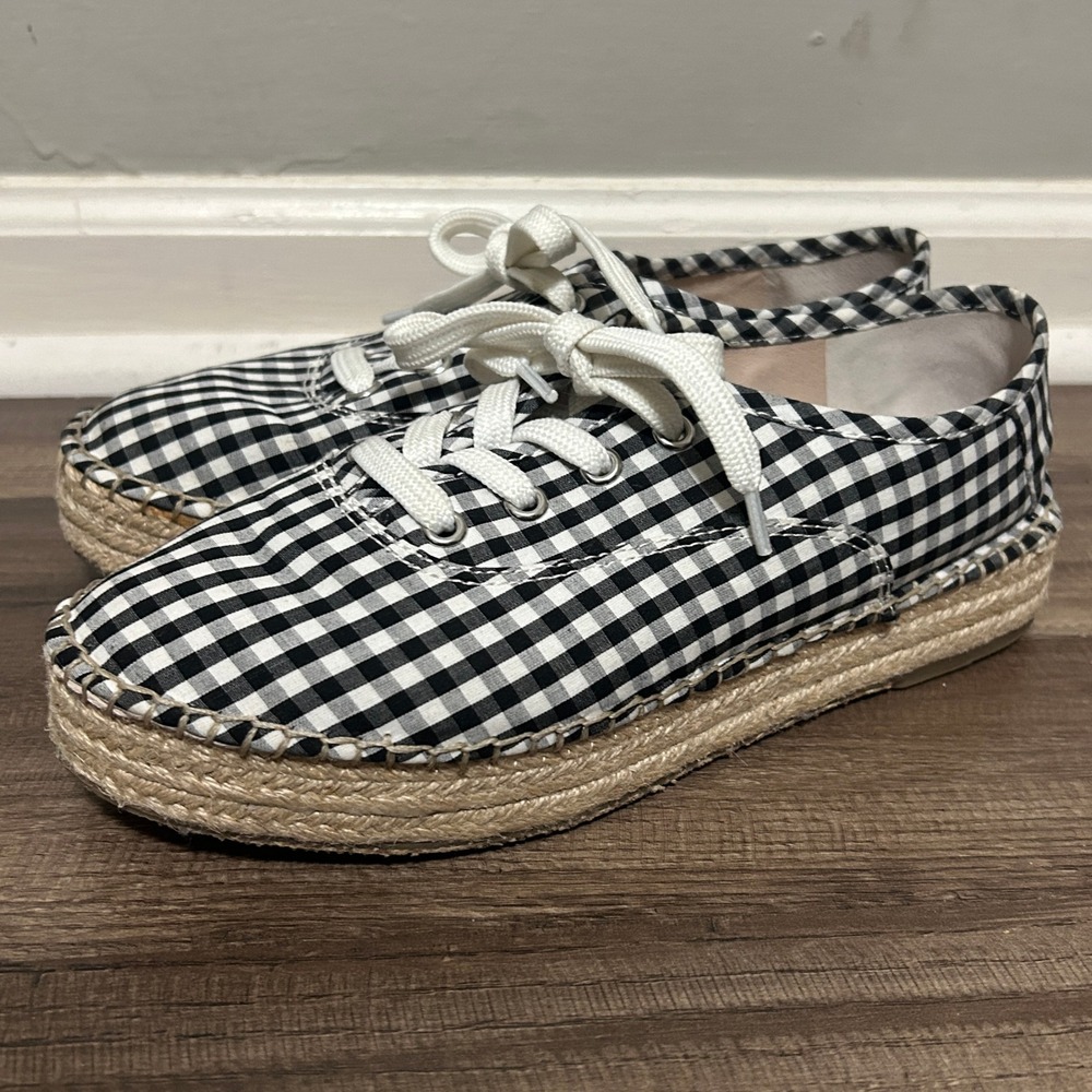 Gianni Bini Espadrille Sneakers Women 8M Black White Gingham Jute Platform Retro